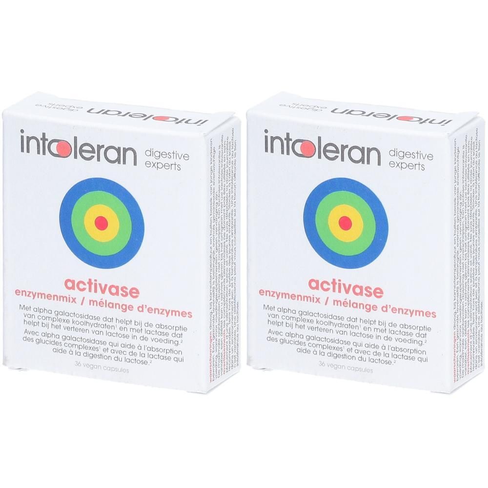 Deux boîtes blanches avec logo "intoleran" et texte "activase". Motif cible multicolore.