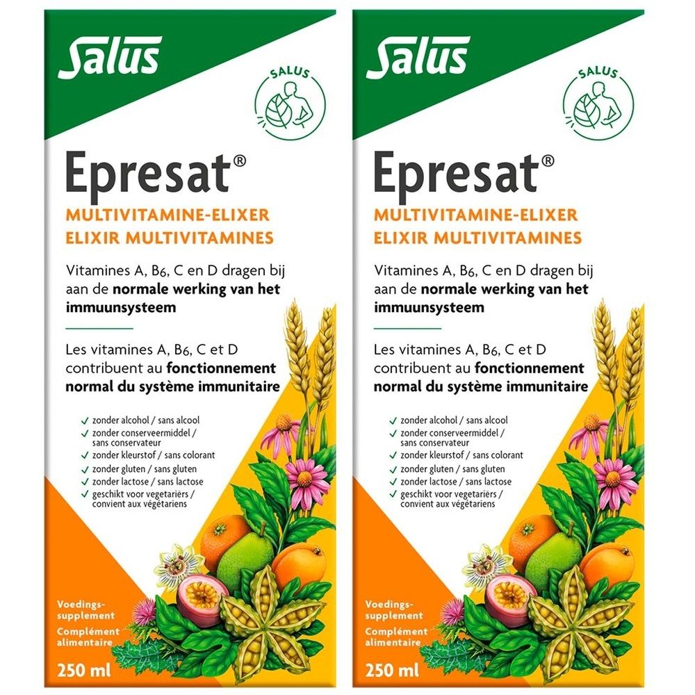 Twee flessen Salus Epresat Multivitamine Elixir. Opschrift: Multivitamine-Elixir. Versierd met fruit en bloemen. 250 ml.