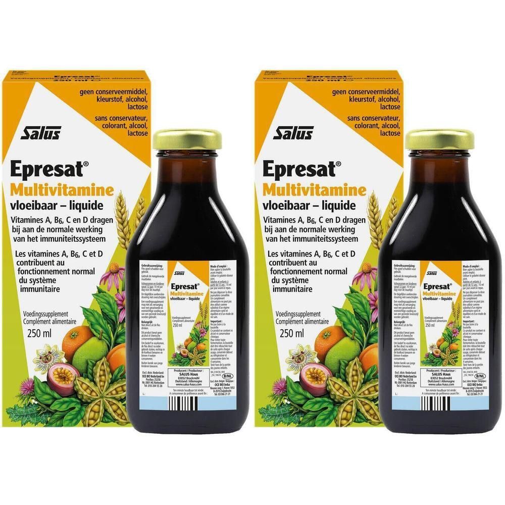 Twee flessen Salus Epresat Multivitamine Elixir met verpakking. Bruine glazen flessen met gouden dop. Bedrukking met productnaam en ingrediënten.