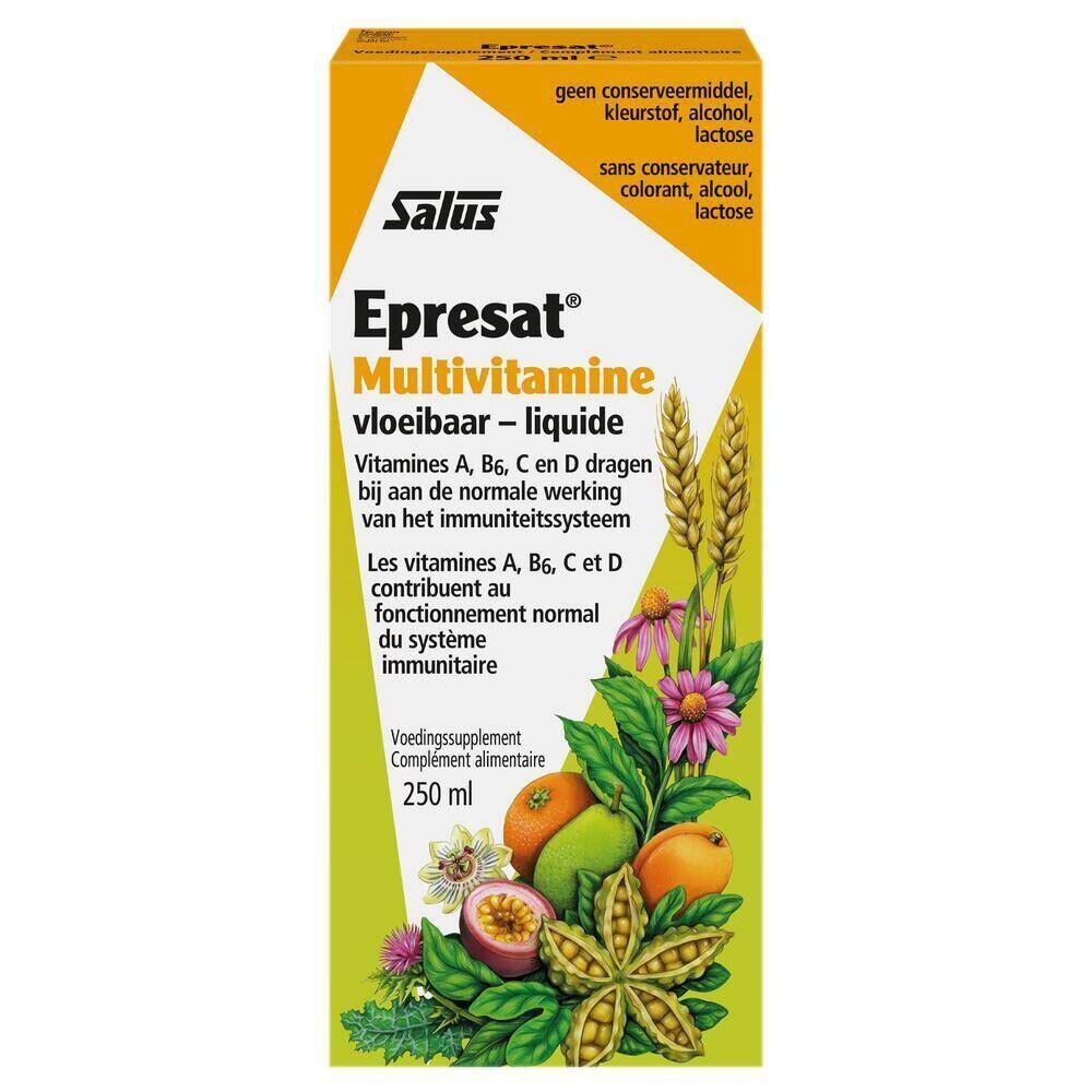 Verpakking van Salus Epresat Multivitamine Elixir. Oranje achtergrond met productnaam en ingrediënten. Illustratie van fruit en planten.