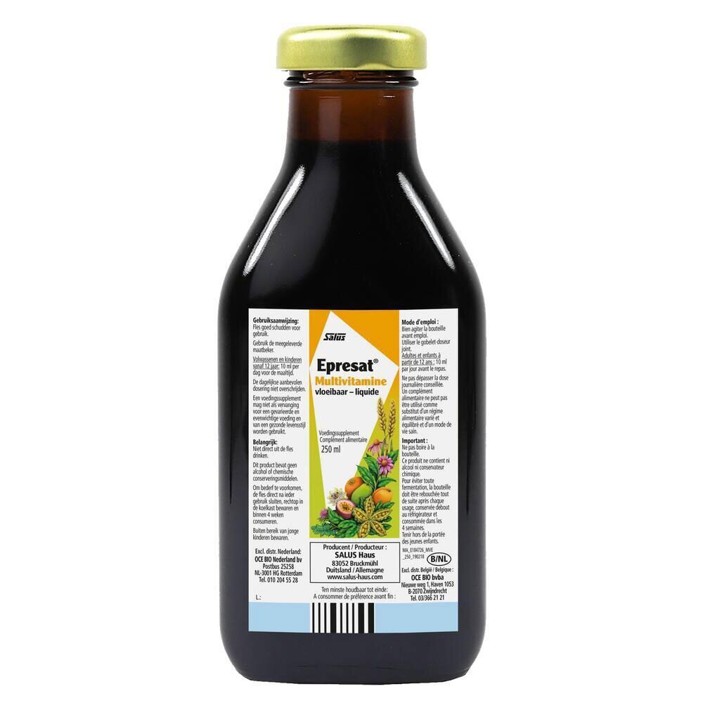 Bruine glazen fles Salus Epresat Multivitamine Elixir. Gouden dop. Etiket met productnaam en ingrediënten. 250 ml.