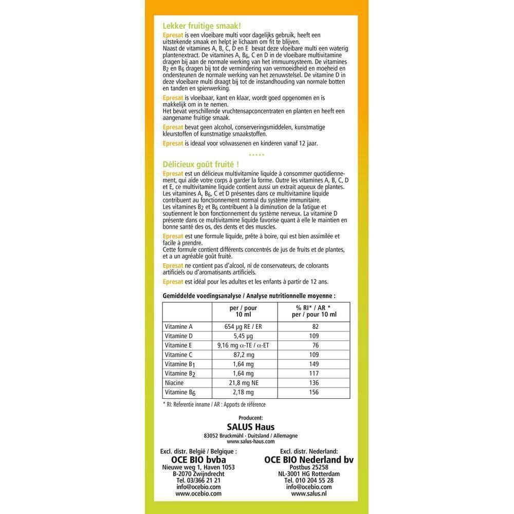 Achterkant van de verpakking van Salus Epresat Multivitamine Elixir. Tekst in het Nederlands en Frans. Voedingswaarde en ingrediënten.