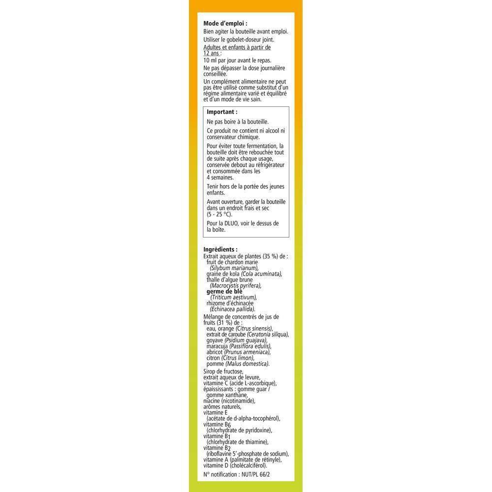 Zijkant van de verpakking van Salus Epresat Multivitamine Elixir. Tekst in het Nederlands en Frans. Gebruiksaanwijzing en ingrediënten.