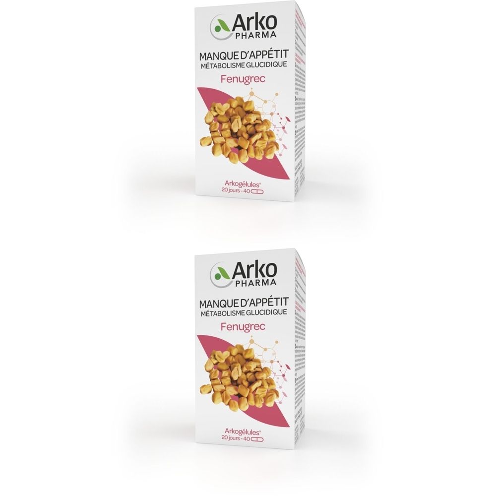 Boîte Arkocaps Fenugrec. Inscription: Manque d'appétit, Métabolisme glucidique. Illustration de graines.