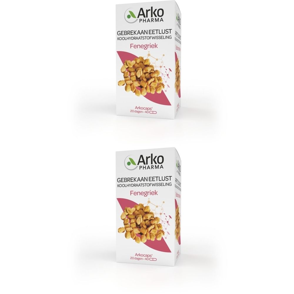 Doosje Arkocaps Fenegriek. Opschrift: Gebrekaanetlust, Koolhydraatstofwisseling. Illustratie van zaden.