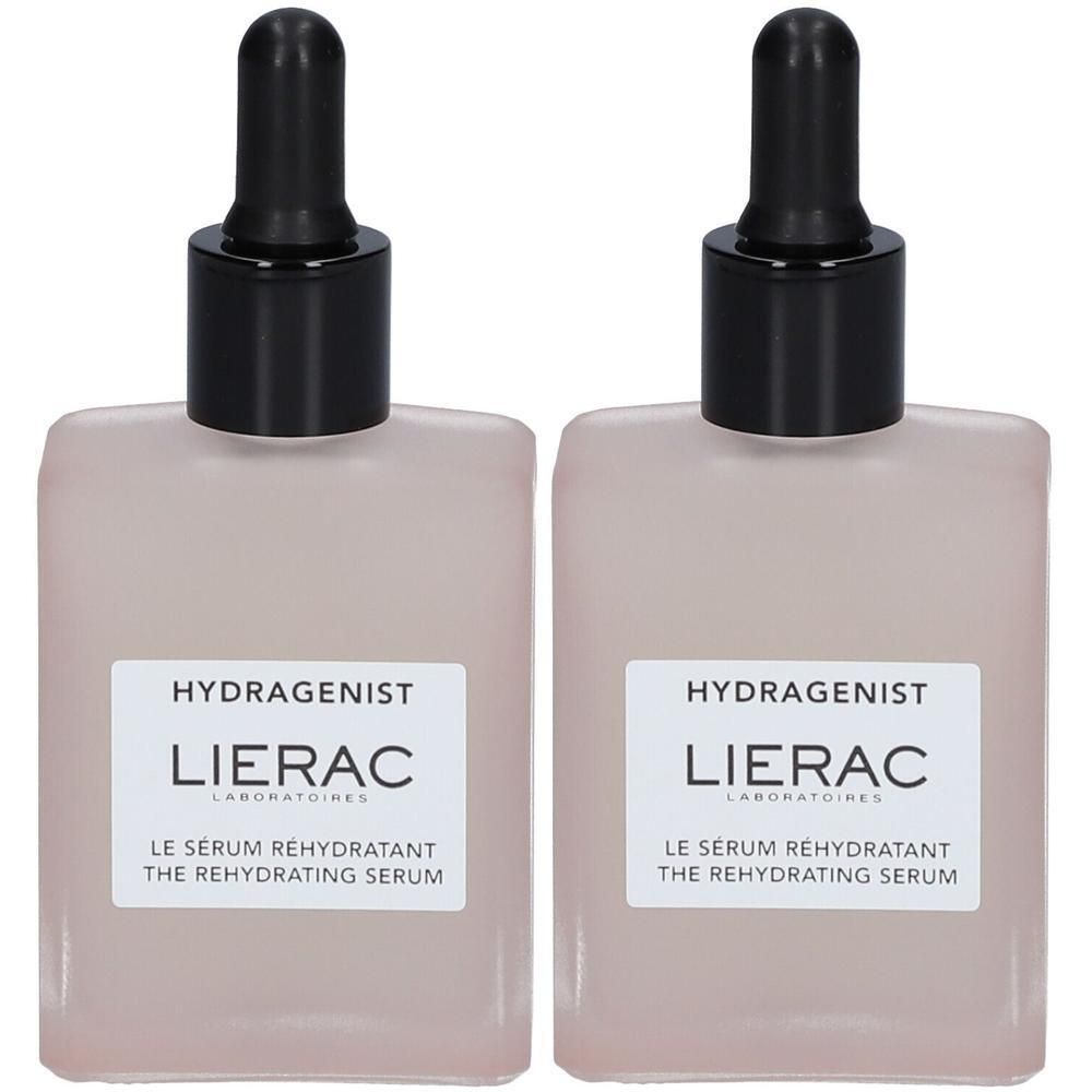 Twee roze flacons met zwarte pipet. Opschrift: HYDRAGENIST, LIERAC, LE SÉRUM RÉHYDRATANT, THE REHYDRATING SERUM.