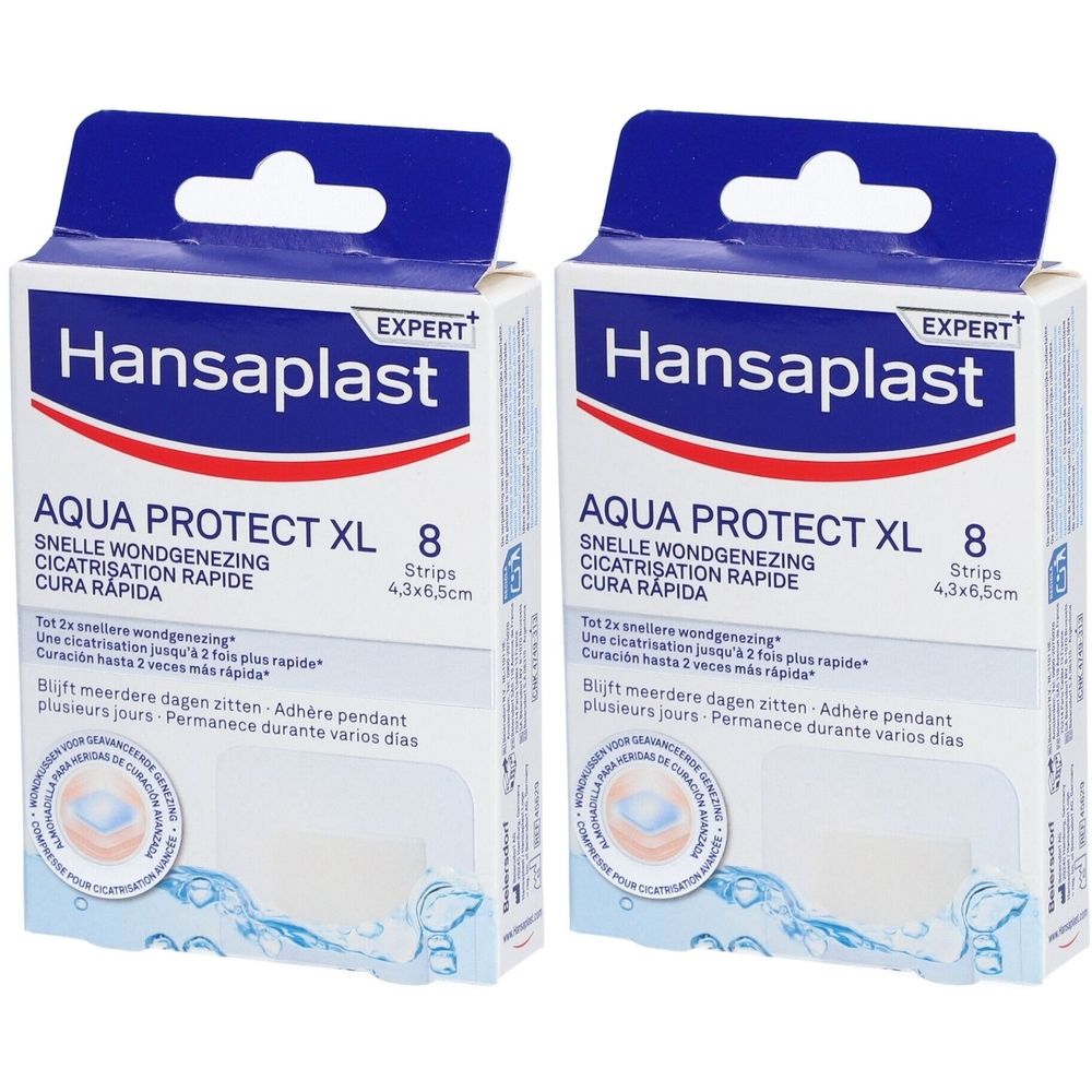 Deux boîtes de Hansaplast Aqua Protect XL. Chaque boîte indique : 8 strips, 4,3x6,5cm. Inscription : Cicatrisation rapide, Cura Rapida.