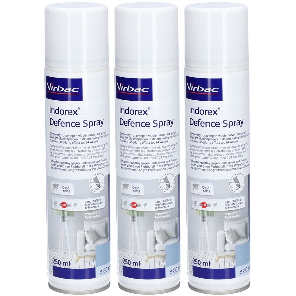 Trois flacons de spray blancs avec étiquettes bleues et blanches. Inscription : Indorex Defence Spray, logo Virbac. 250 ml.
