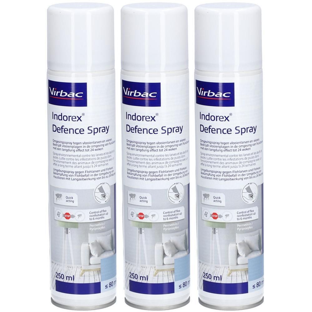 Drie spuitbussen met witte dop. Opschrift: Indorex Defence Spray. 250 ml. Virbac-logo. Illustratie van een kamer.