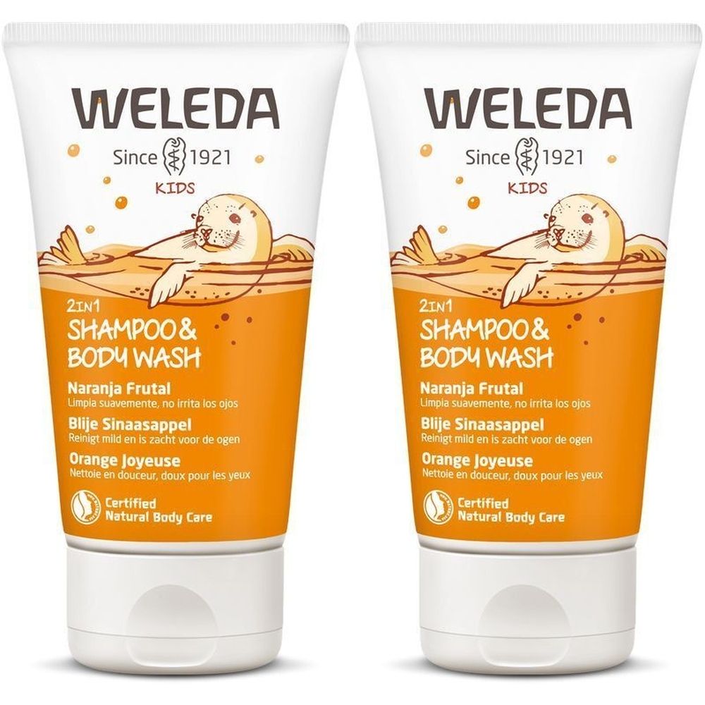 Deux tubes de shampoing orange. Inscription : WELEDA, Kids, 2in1 Shampoo & Body Wash, Orange Joyeuse. Label : Certified Natural Body Care.
