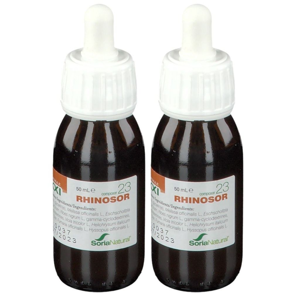 Deux flacons en verre brun avec compte-gouttes blancs. Étiquettes avec "RHINOSOR" et "50 ml". Le logo Soria Natural est visible.