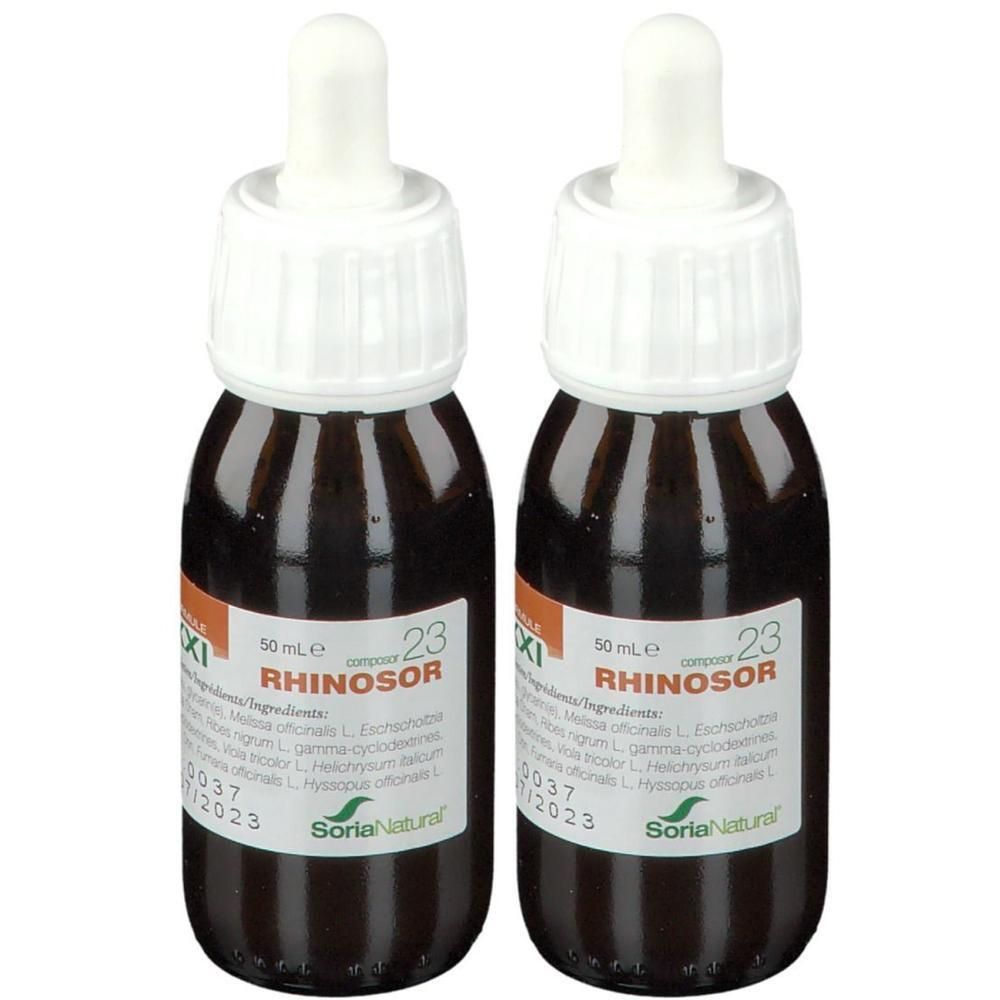 Deux flacons en verre brun avec pipettes blanches. Étiquettes avec texte: Rhinosor, Soria Natural. 50 ml.