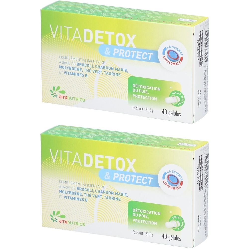 Deux boîtes de Vitanutrics VITADETOX & PROTECT. Vert et blanc. Texte: Detoxication du foie, Protection. 40 gélules.
