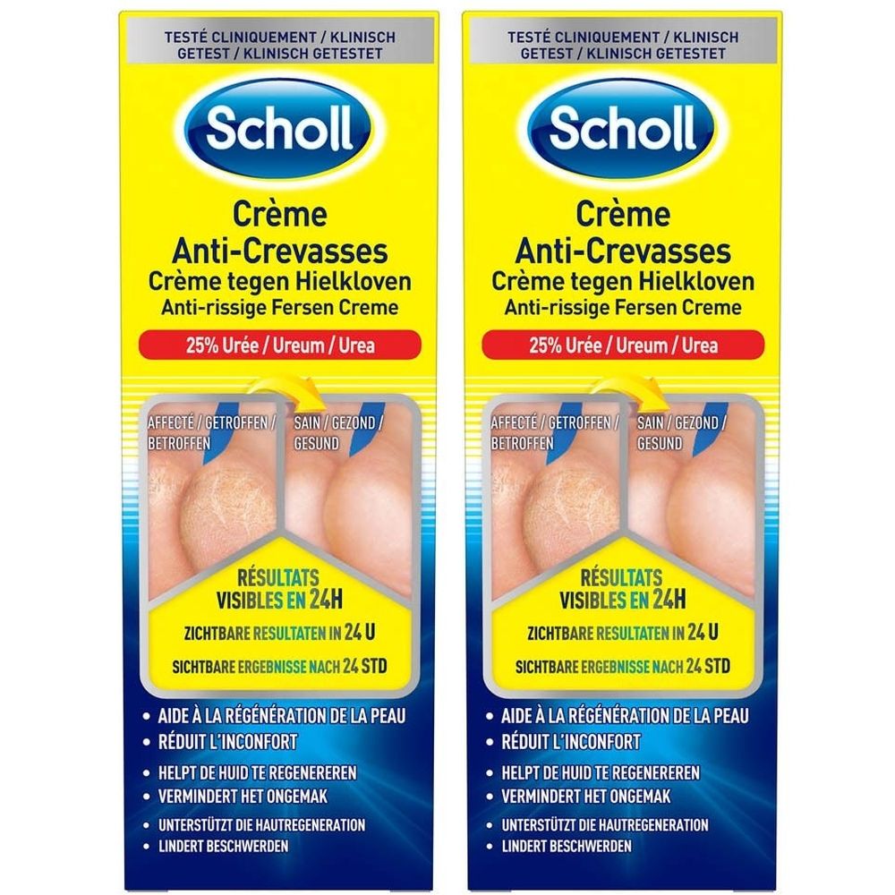 Deux boîtes de Scholl Crème Anti-Crevasses. Emballage jaune avec nom du produit et image de pieds. Texte: 25% Urée/Ureum/Urea.