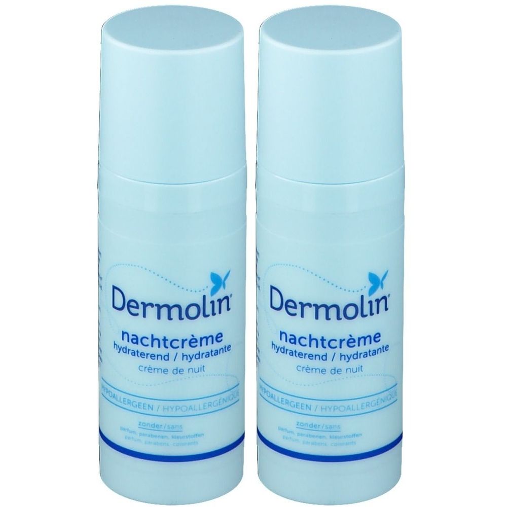 Deux tubes de crème bleu clair. Inscription: Dermolin nachtcrème, hydratant, crème de nuit. Hypoallergénique.
