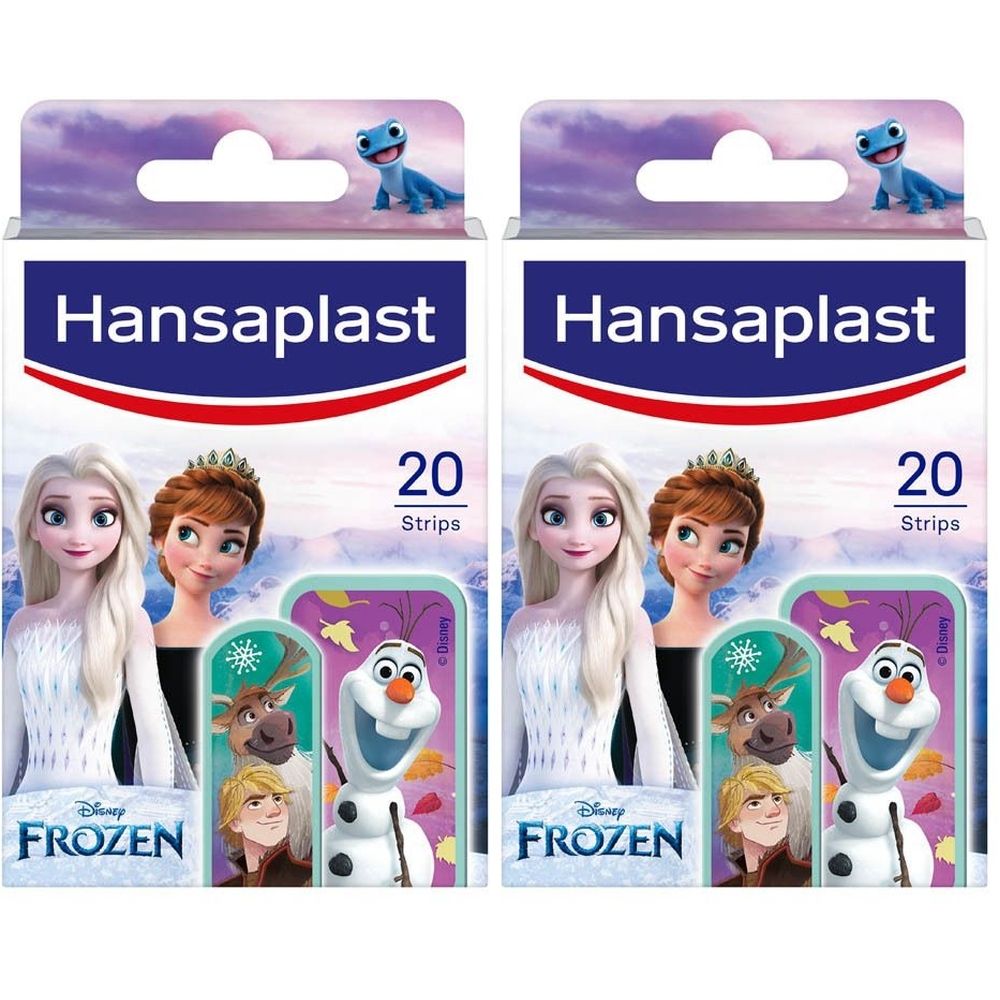 Twee dozen Hansaplast pleisters met Frozen-motieven. Elke doos bevat 20 strips. Hansaplast logo bovenaan.