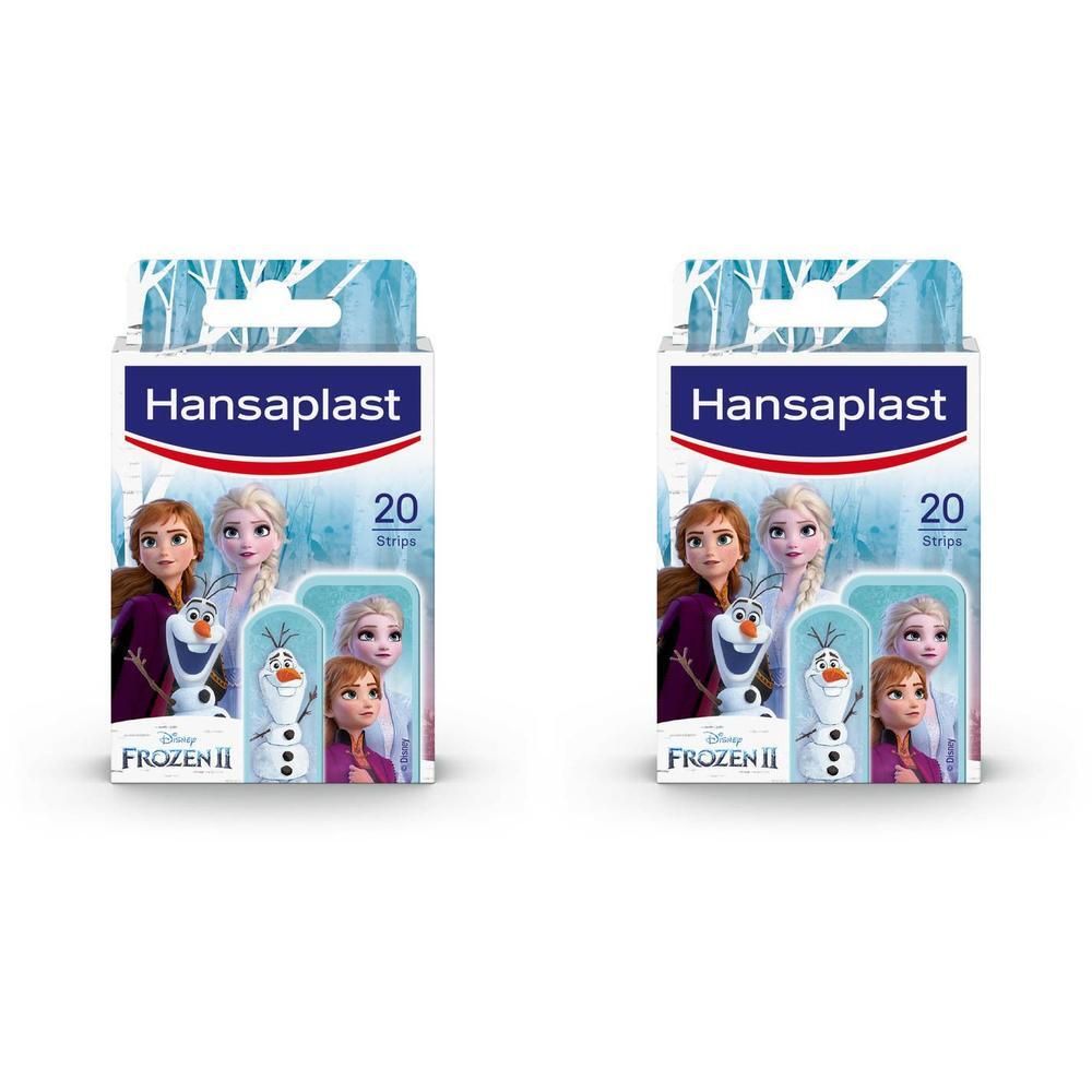 Twee verpakkingen Hansaplast Kids Pansements FROZEN. Elke verpakking toont FROZEN-personages en bevat 20 strips. Hansaplast-logo bovenaan.