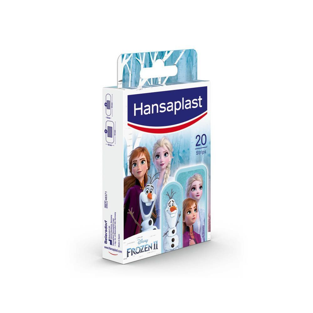 Verpakking van Hansaplast Kids Pansements FROZEN. Toont FROZEN-personages en bevat 20 strips. Hansaplast-logo bovenaan. Verpakking in perspectief.