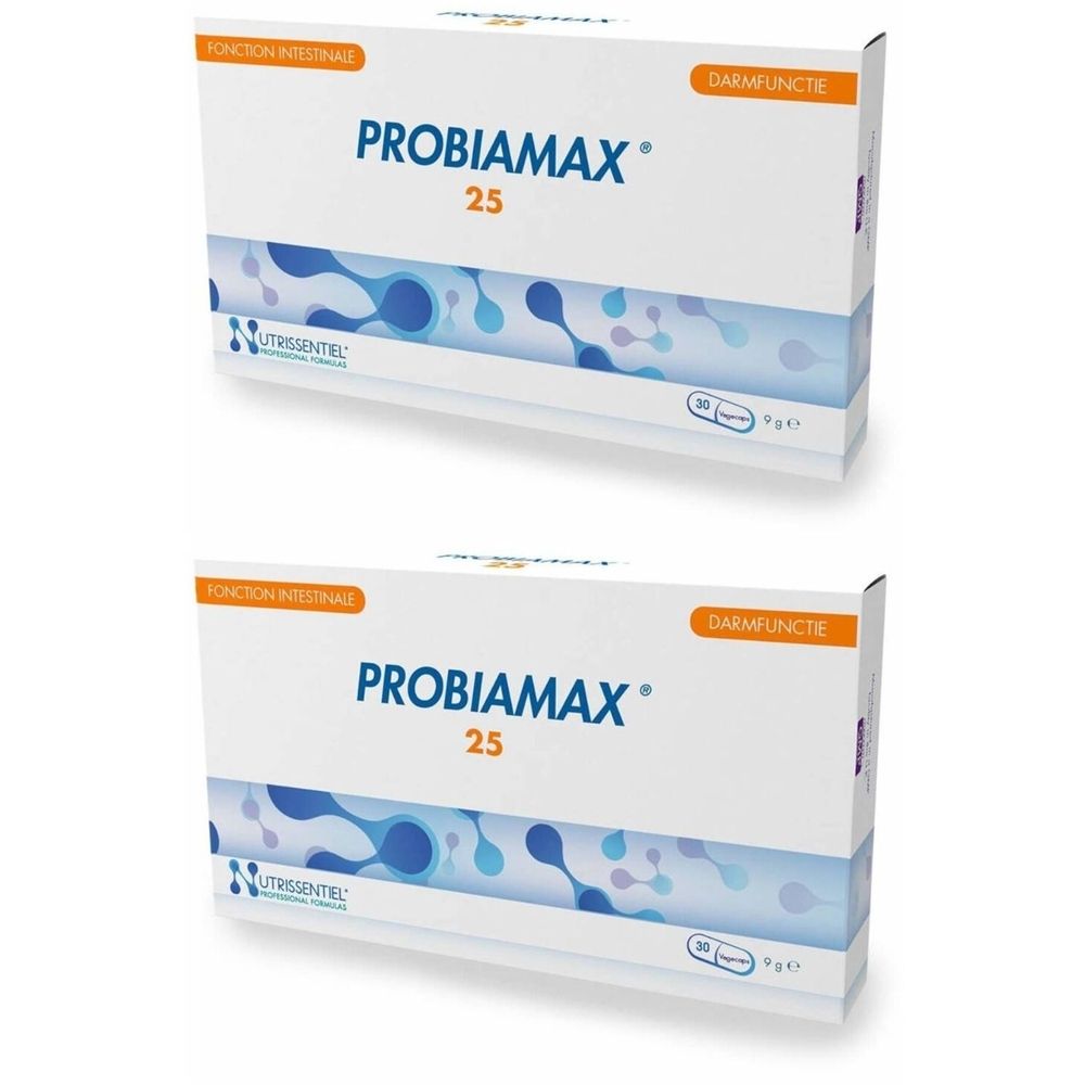 Twee witte dozen met PROBIAMAX 25. Opschriften: Darmfunctie en Functie Intestinale. Nutrissentiel logo.