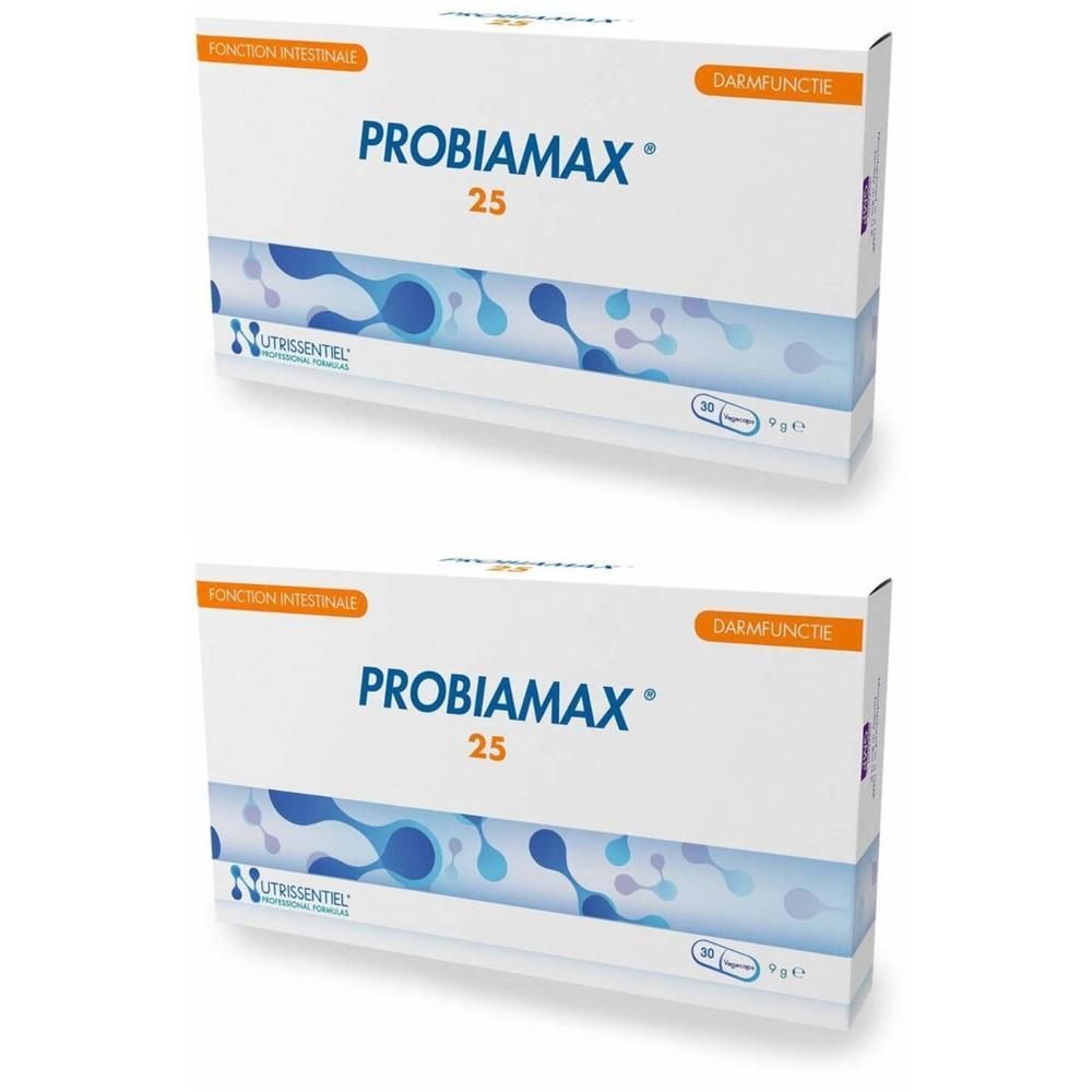 Twee dozen Probiamax 25. Witte verpakking met blauw patroon en productnaam. Darmfunctie.