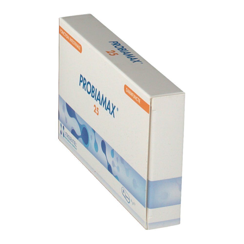 Probiamax 25 doos. Witte verpakking met blauw patroon en productnaam. Darmfunctie.