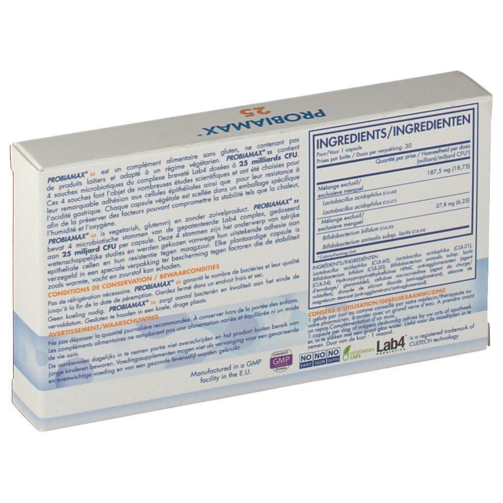 Achterkant van de Probiamax 25 doos. Bevat informatie over ingrediënten en voorwaarden.