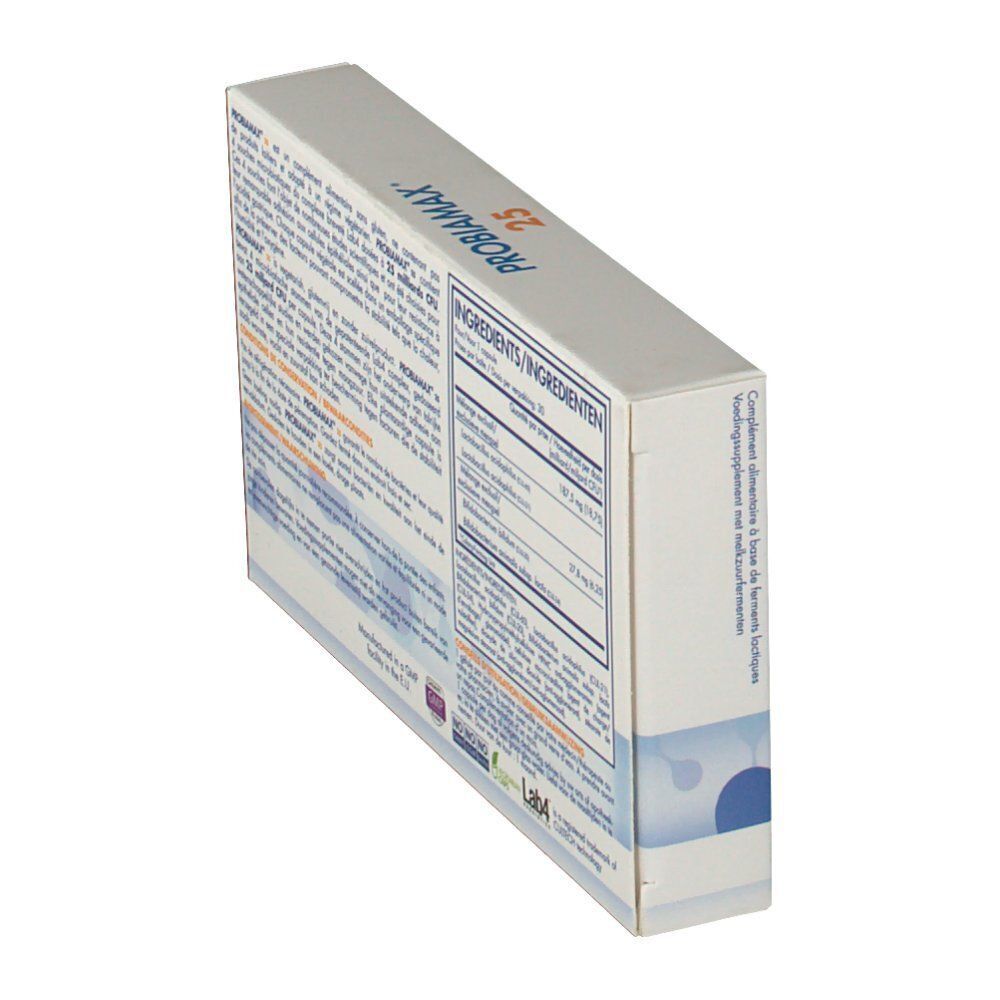 Zijkant van de Probiamax 25 doos. Bevat informatie over ingrediënten en voorwaarden.