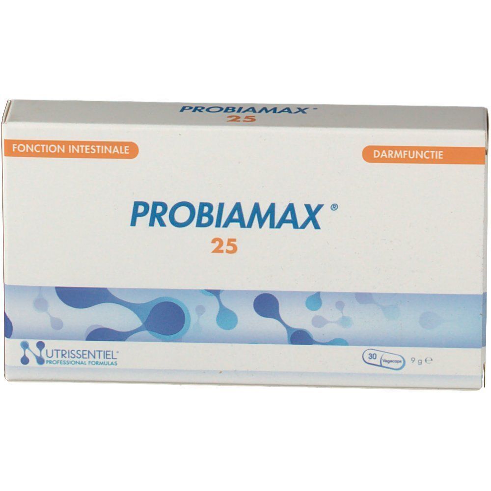 Probiamax 25 doos. Witte verpakking met blauw patroon en productnaam. Darmfunctie.