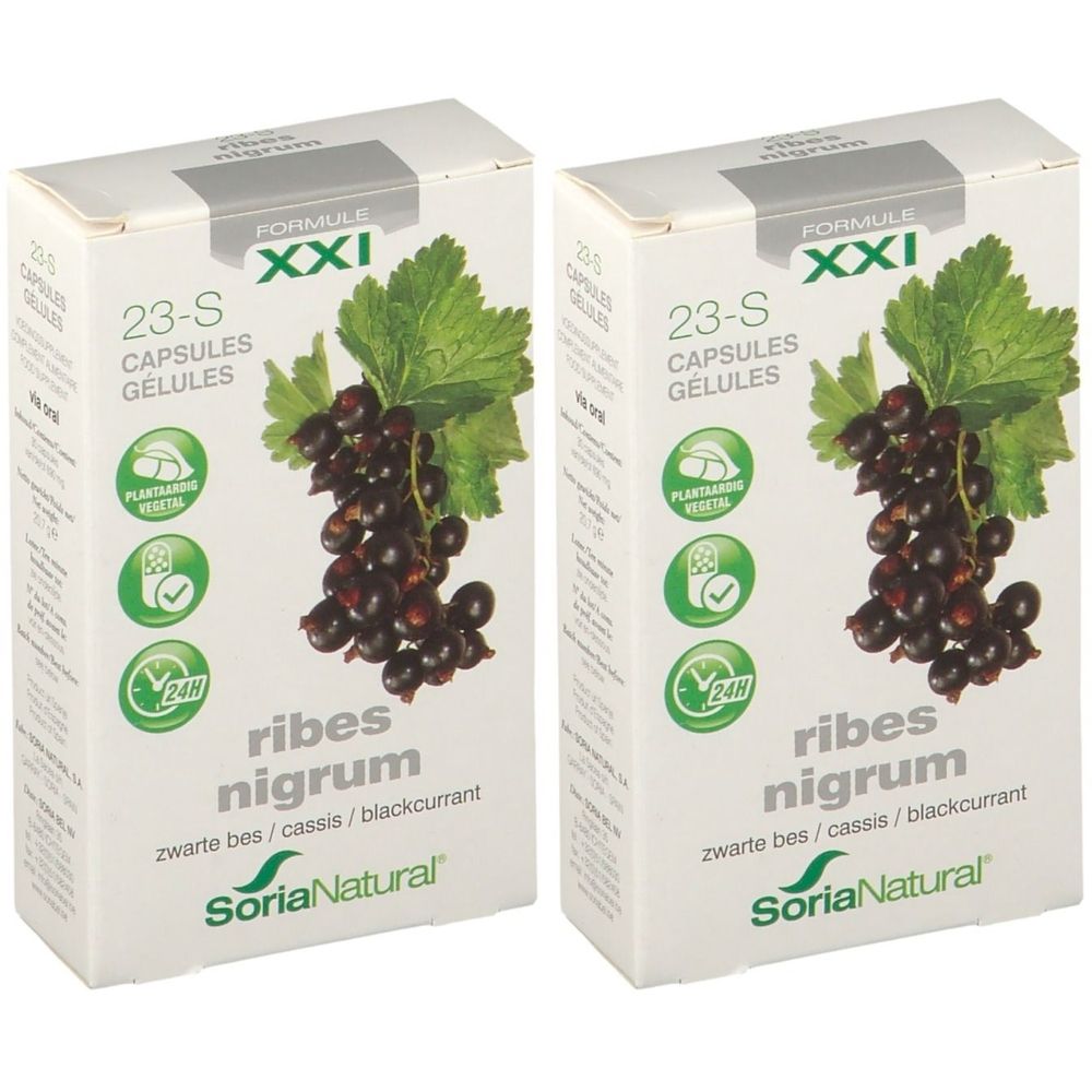 Deux boîtes de Soria Natural® 23-S Ribes Nigrum XXI. Inscription : Ribes nigrum, cassis. Emballage vert et blanc avec illustration.