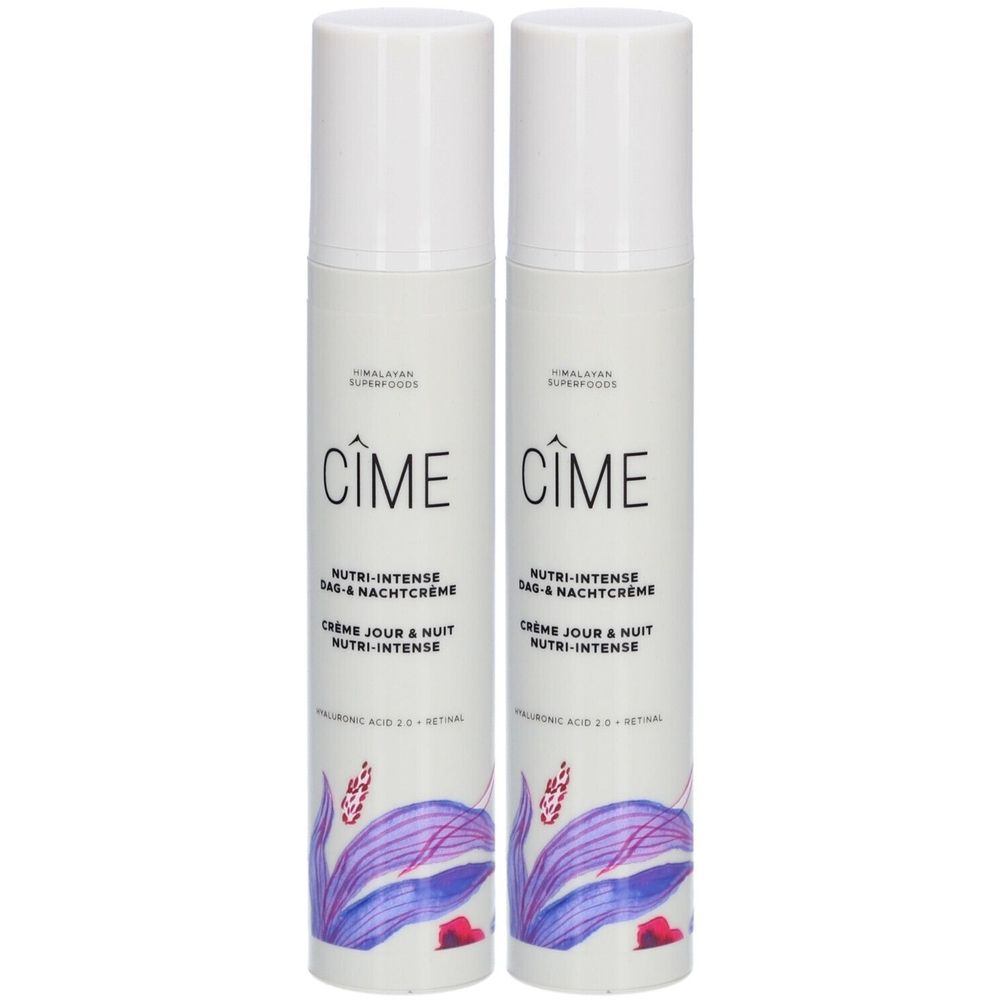 Deux tubes de crème blancs avec le logo Cîme. Inscription : Nutri-Intense Tag & Nachtcreme, Crème Jour & Nuit. Motif floral.