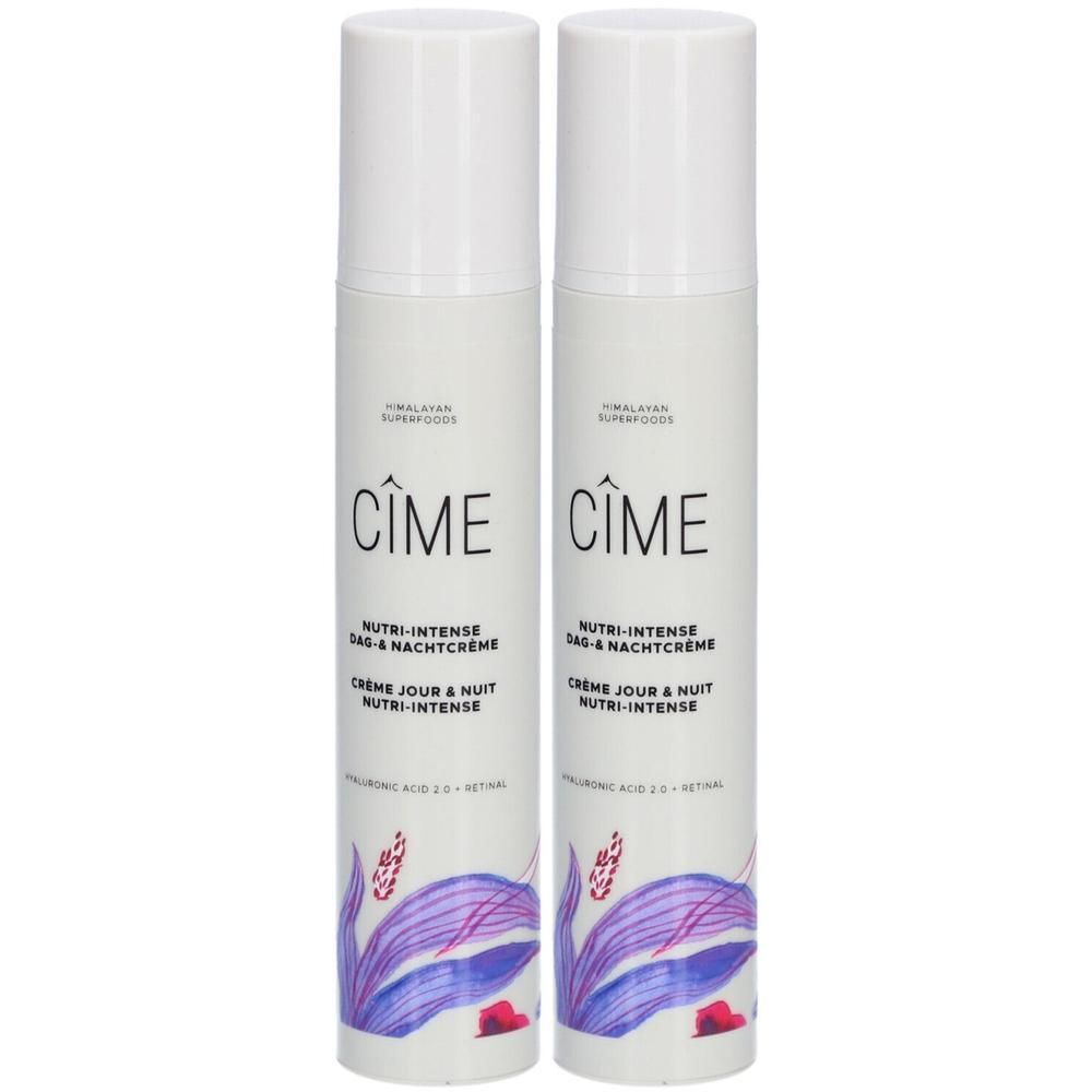 Twee witte crèmetubes met opschrift Cîme, Nutri-Intense Dag & Nachtcrème. Bloemendesign, paars en rood.
