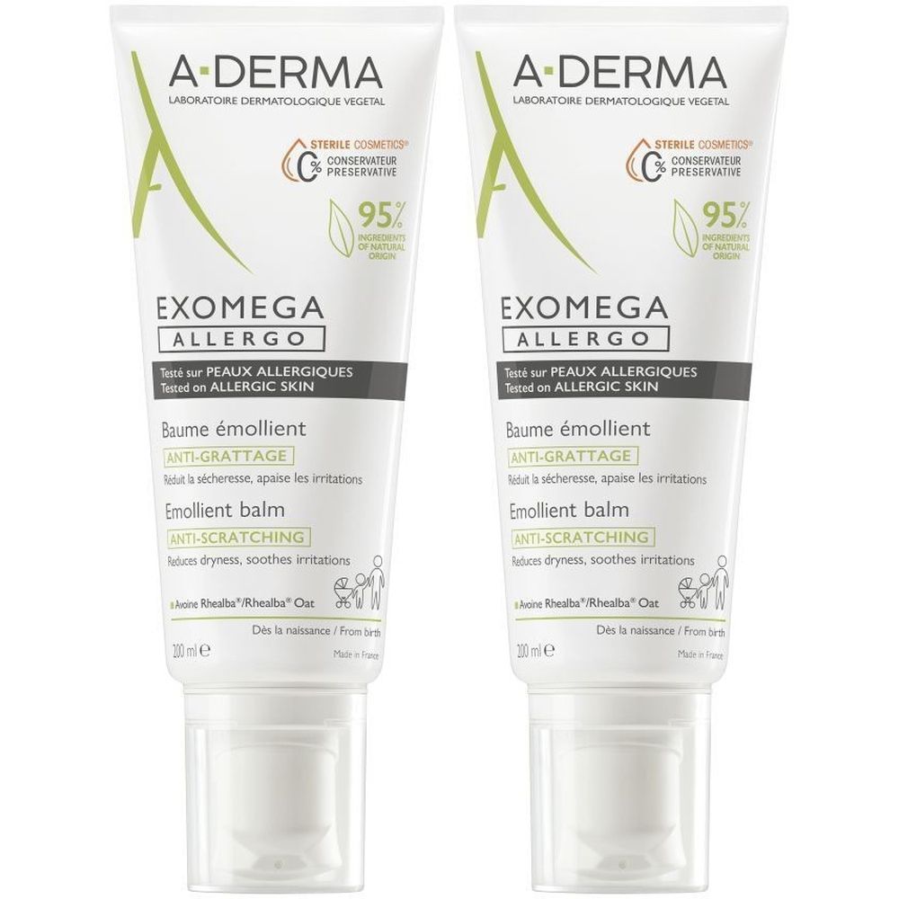 Twee tubes A-DERMA EXOMEGA ALLERGO balsem. Wit, met groene accenten en zwarte tekst. Bevat 95% ingrediënten van natuurlijke oorsprong.