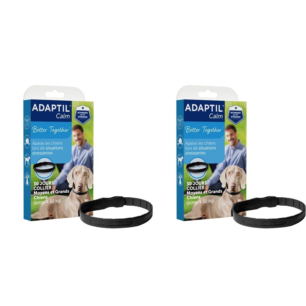 Deux boîtes de collier Adaptil Calm pour chiens moyens et grands. Collier noir avec boucle. Emballage avec image du produit.