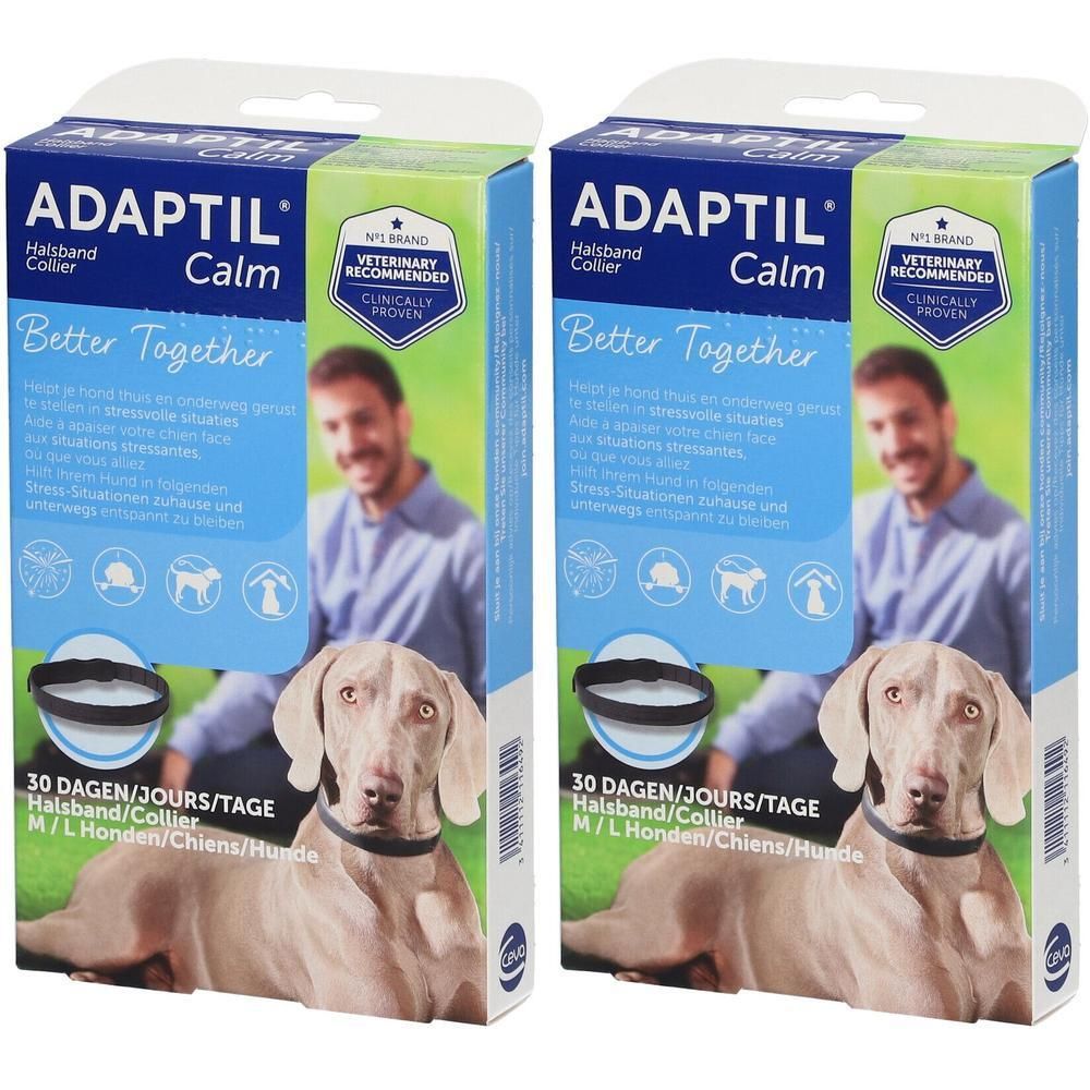 Twee dozen Adaptil Halsband. Blauwe verpakking met productnaam, hond en man. Tekst: Better Together, 30 dagen.