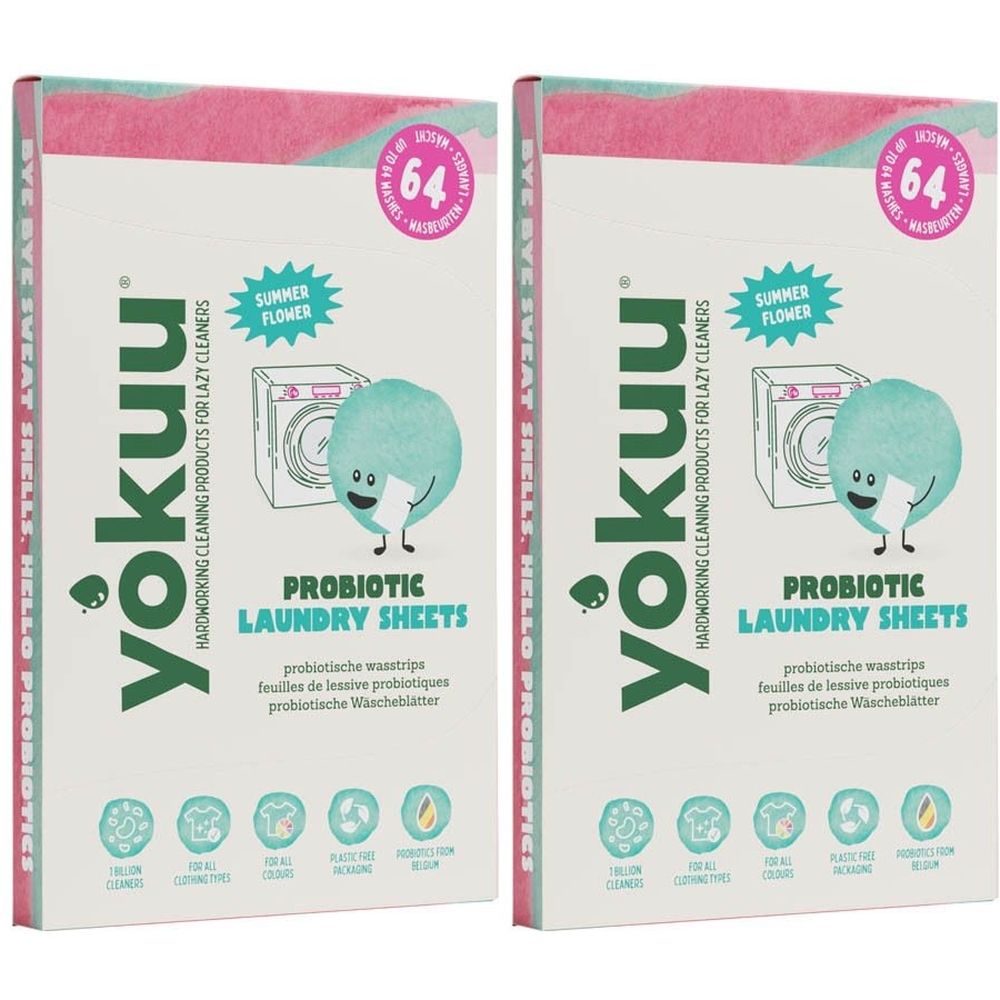 Twee dozen YOKUU wasstrips. Opschrift: Summer Flower, 64 stuks. Illustratie van een wasmachine en een bol.