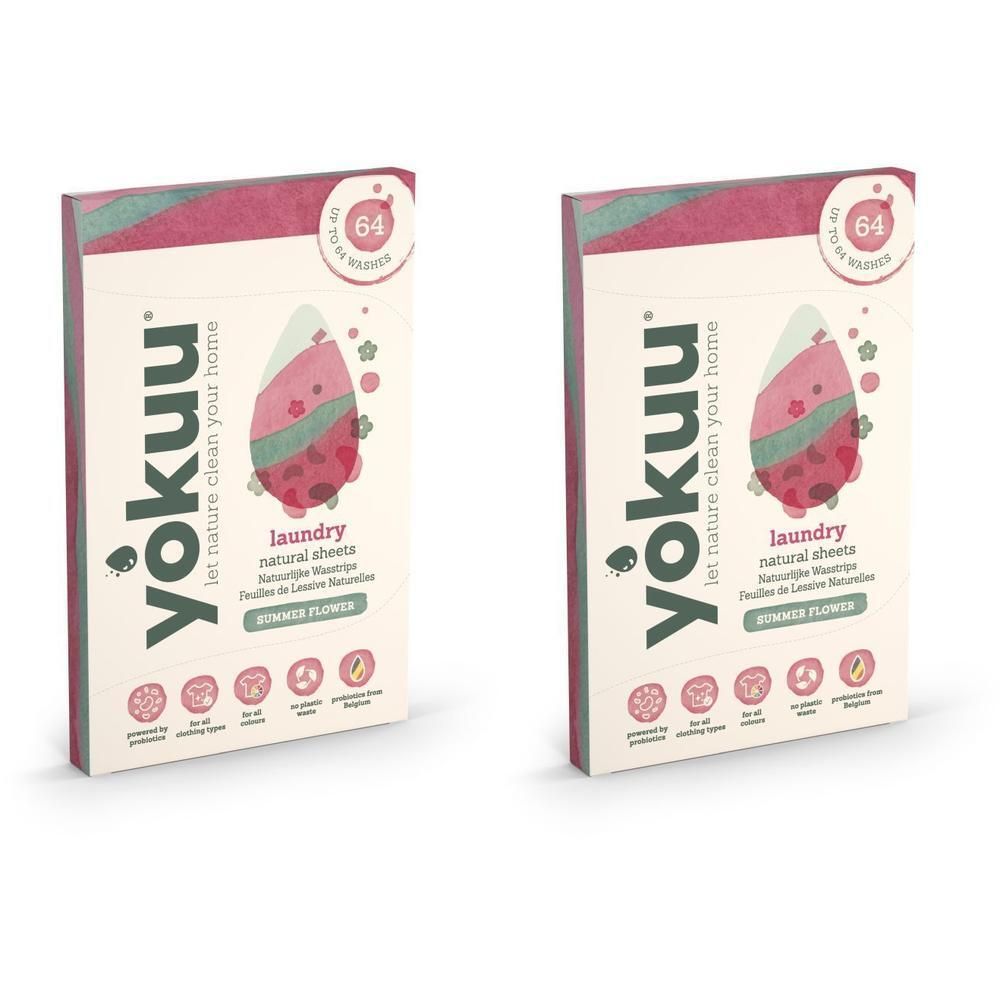 Deux boîtes de feuilles de lessive YOKUU® Summer Flower. Emballage pour 64 lavages. Design vert et rose avec logo et icônes.