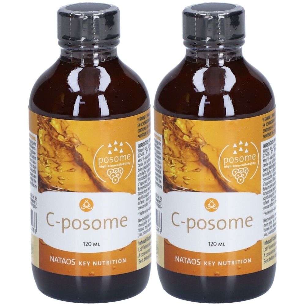 Deux flacons de liquide brun. Les étiquettes indiquent "C-posome" et "NATAOS KEY NUTRITION".