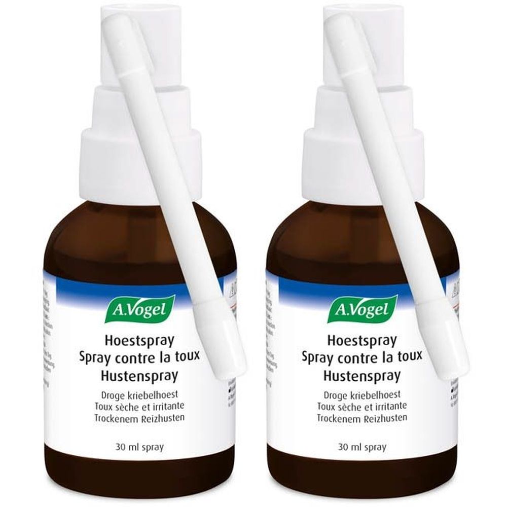 Deux flacons bruns avec vaporisateur blanc et applicateur. Inscription: A.Vogel Hoestspray, Spray contre la toux, Hustenspray.