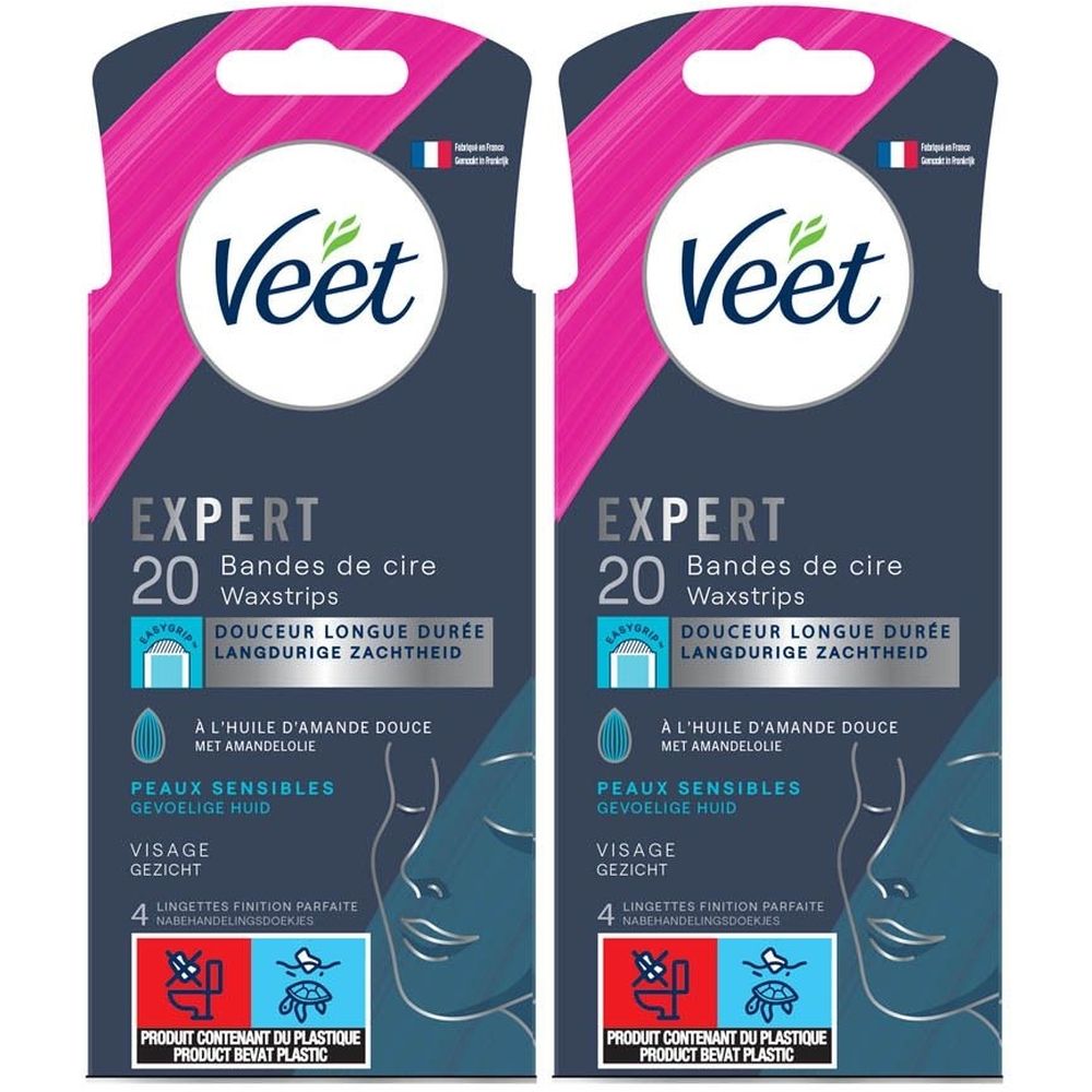Twee verpakkingen Veet Expert ontharingsstrips voor het gezicht, gevoelige huid. Bevat 20 strips, met amandelolie.