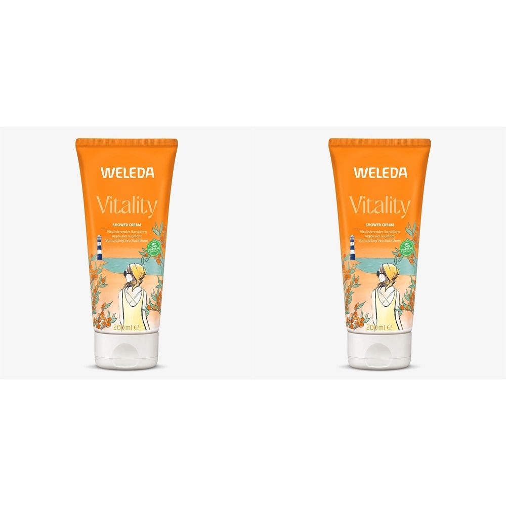 Twee oranje tubes. Opschrift: WELEDA, Vitality. Illustratie van een persoon aan zee.