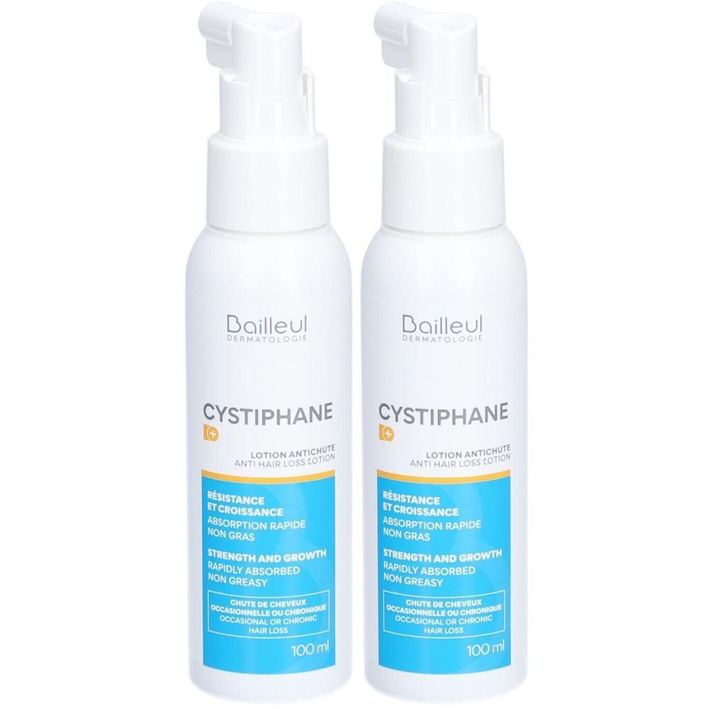 Twee witte flessen met pomp. Opschrift Cystiphane, Lotion Antichute. Blauwe en gele etiketten.