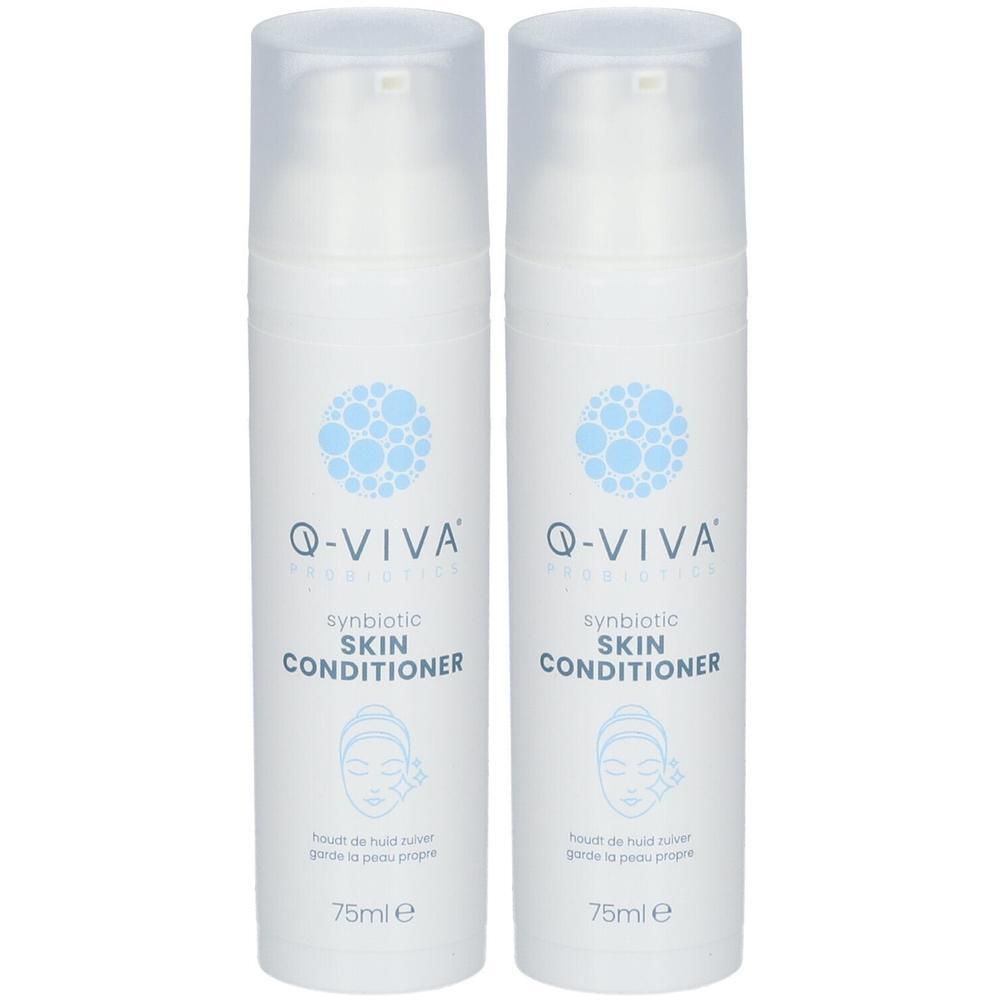 Deux flacons blancs de Q-VIVA Synbiotic Skin Conditioner. Graphique bleu, texte et indication 75ml. Fermeture à pompe.