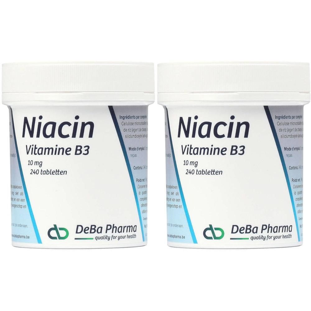 Twee witte potten met opschrift Niacine, Vitamine B3, 10 mg, 240 tabletten. DeBa Pharma logo.