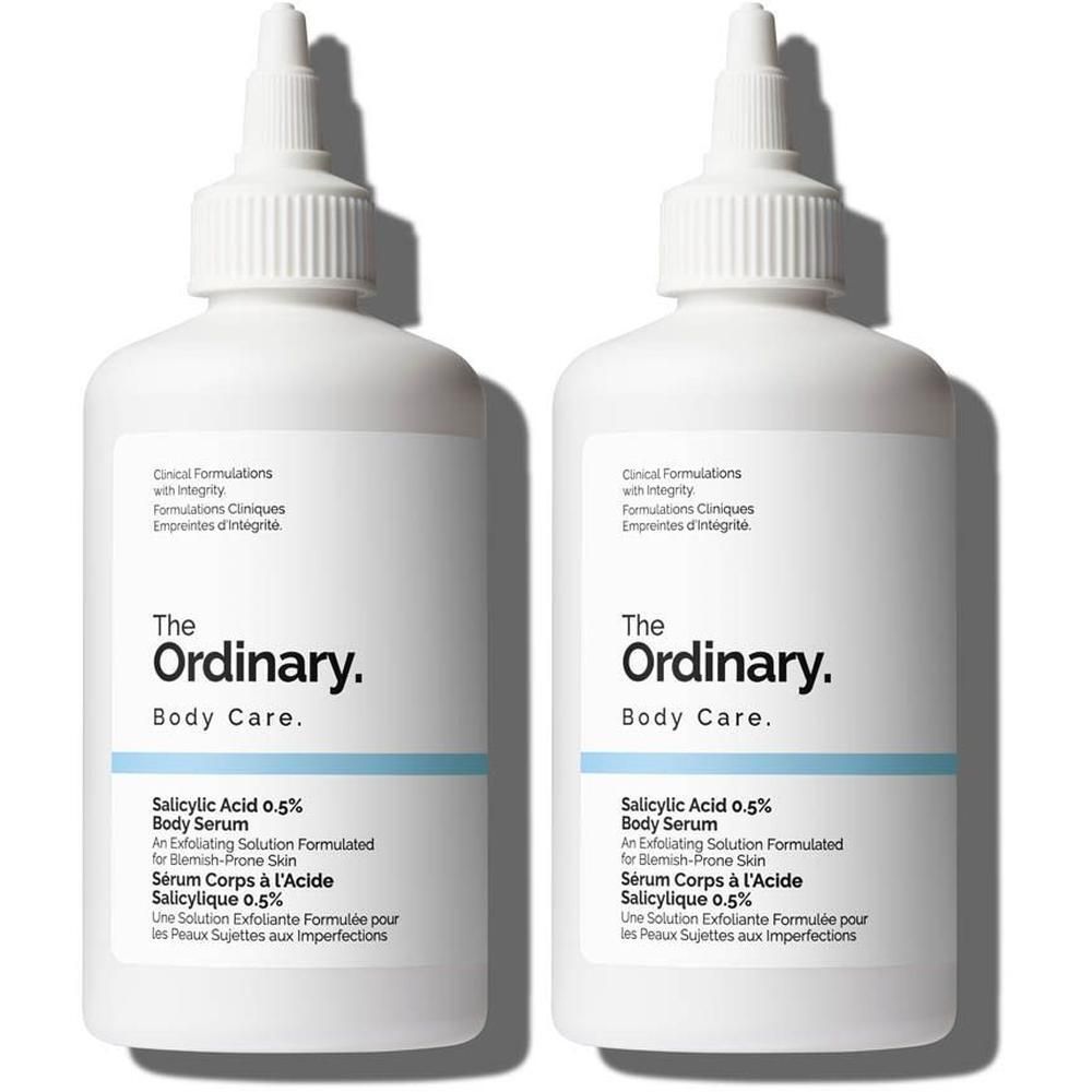 Deux flacons blancs avec bouchon applicateur. Inscription: The Ordinary Body Care, Acide Salicylique 0,5 %.