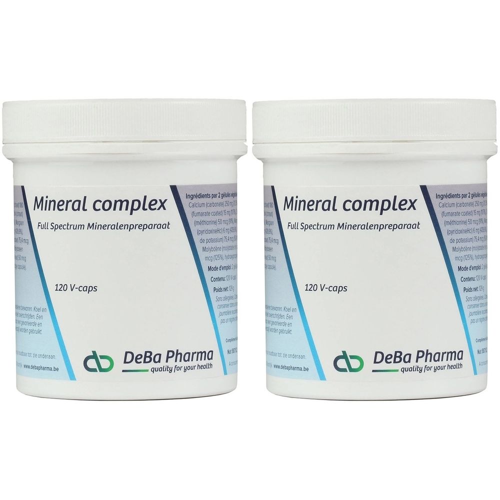 Deux pots blancs avec l'inscription "Mineral complex". Chaque pot porte la mention "120 V-caps" et le logo DeBa Pharma.