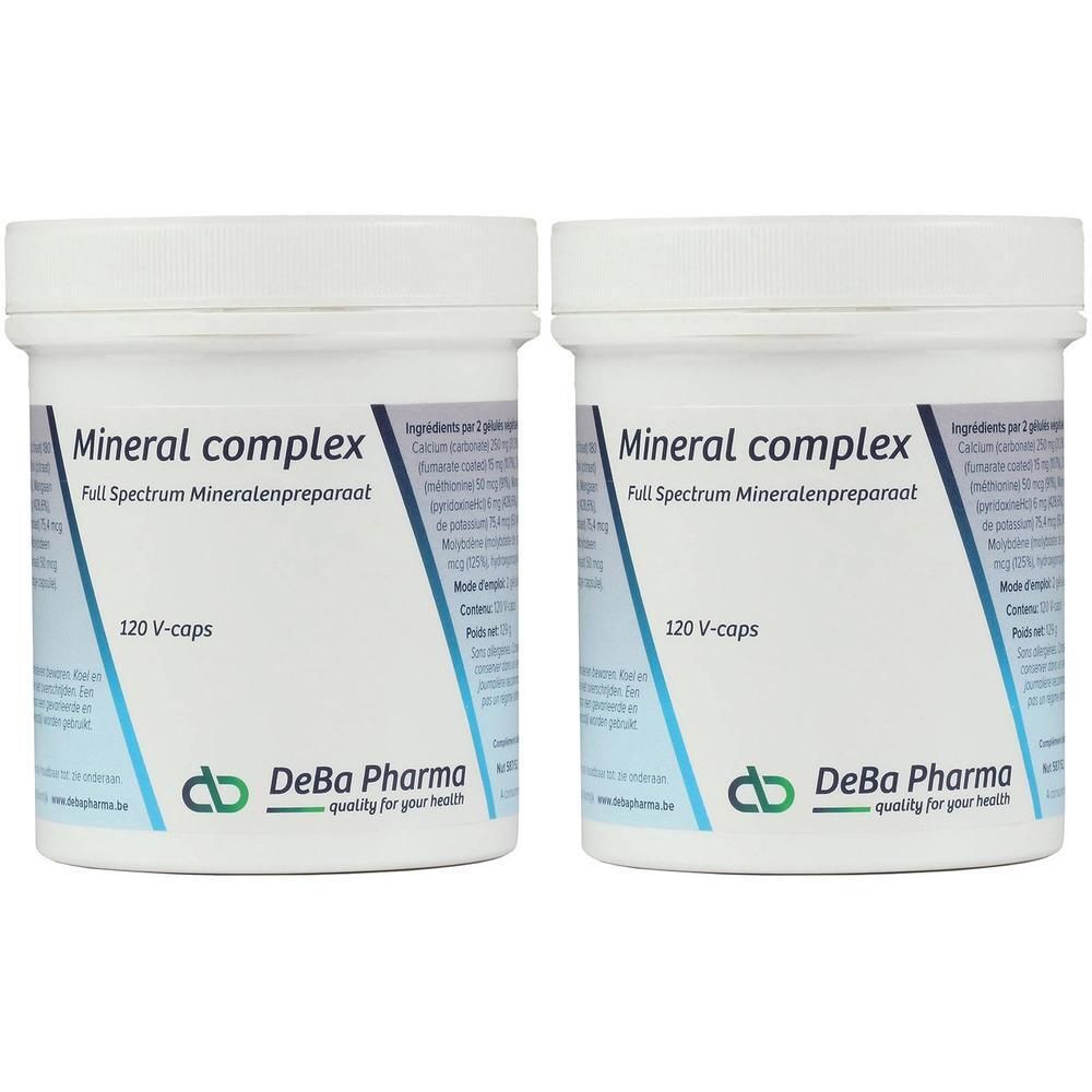 Twee witte potten met deksels. Opschrift: Mineral complex, 120 V-caps, DeBa Pharma logo. Etiket met ingrediënten.