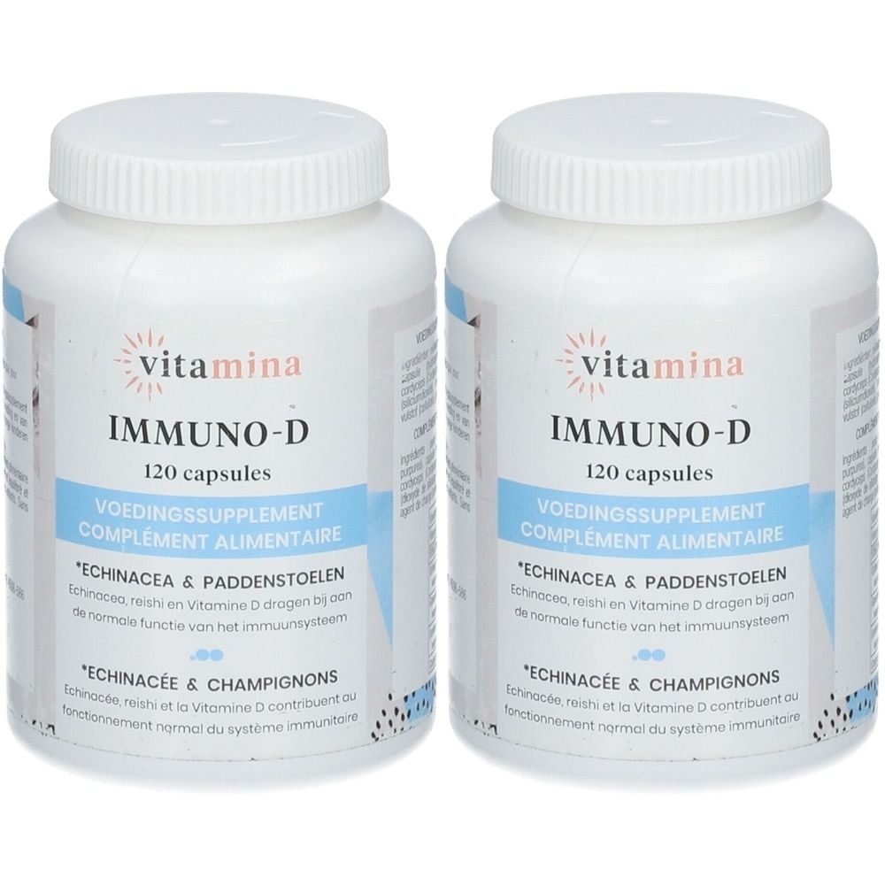 Deux flacons blancs IMMUNO-D, 120 capsules. Inscriptions bleues et rouges. Marque: vitamina.