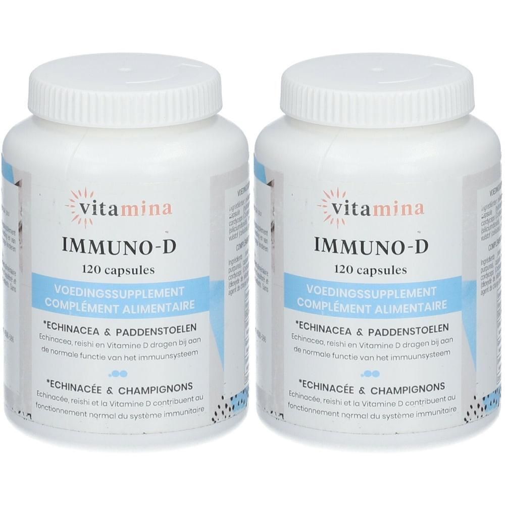 Twee witte flessen met schroefdop. Opschrift: Vitamina IMMUNO-D, 120 capsules. Blauwe etiketten met tekst.