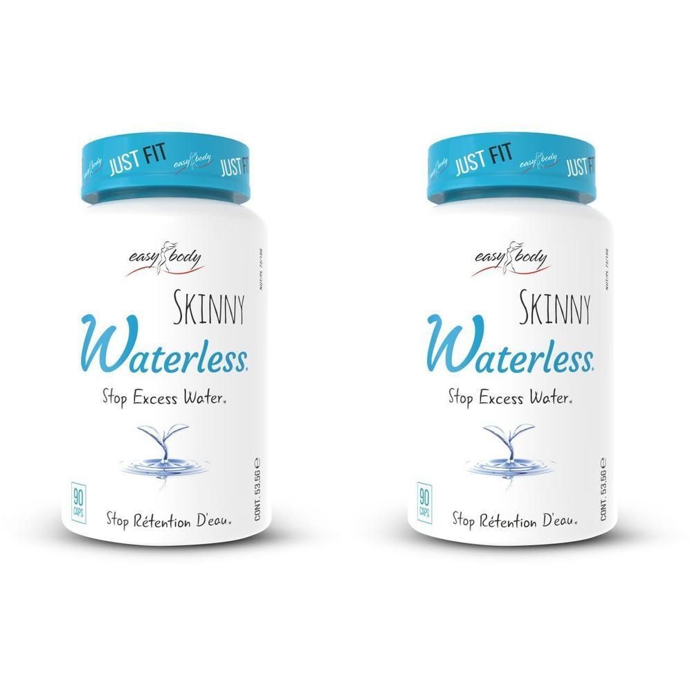Deux flacons blancs avec bouchons bleus. Inscription : Skinny Waterless. Arrête l'excès d'eau. Marque : easy body.