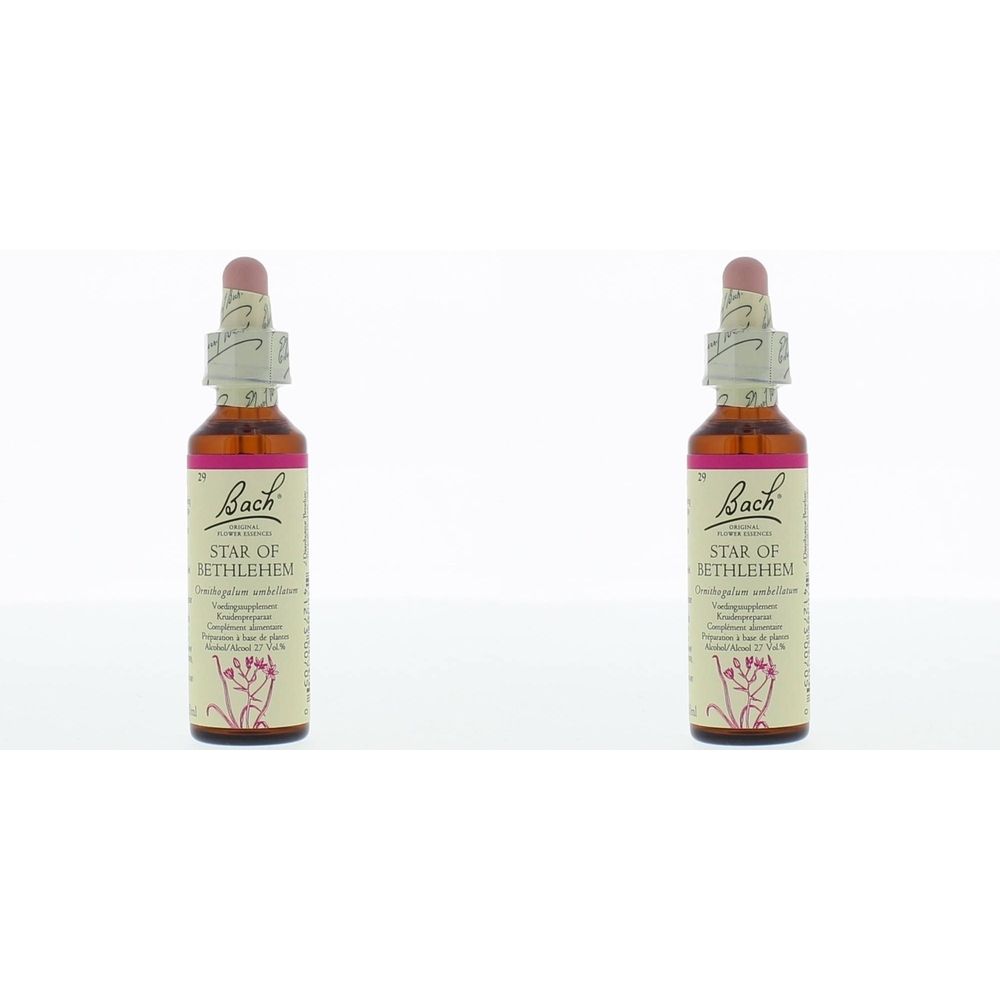 Twee flesjes met bruine vloeistof en roze dop. Opschrift: Bach Star of Bethlehem.